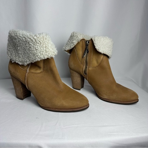 UGG Australia Charlee Chestnut Suede Shearling Fold Over Heeled Ankle Boots 8.5 - Picture 2 of 15